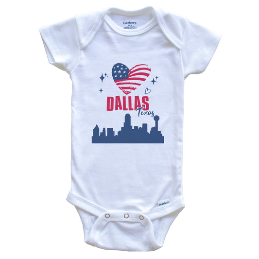 Dallas Texas Skyline American Flag Heart 4th of July Baby Bodysuit