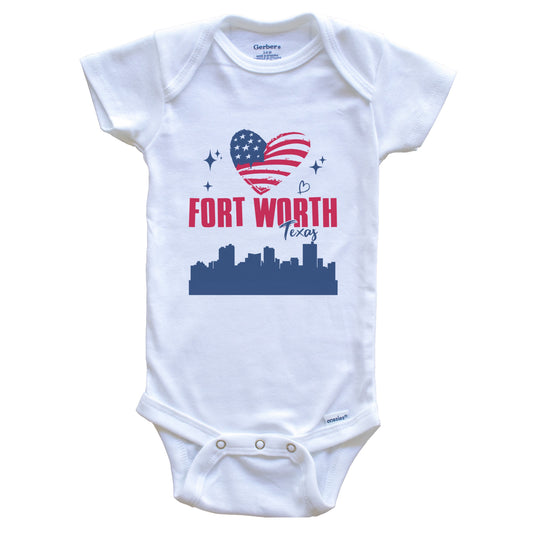 Fort Worth Texas Skyline American Flag Heart 4th of July Baby Bodysuit