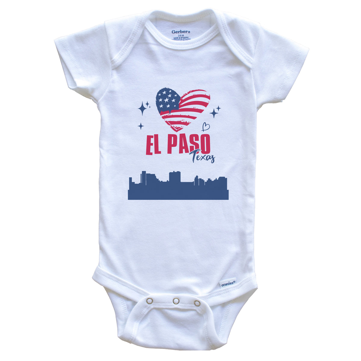 El Paso Texas Skyline American Flag Heart 4th of July Baby Bodysuit