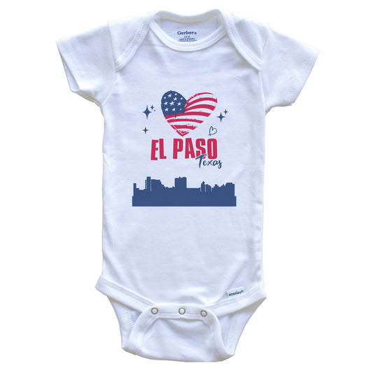 El Paso Texas Skyline American Flag Heart 4th of July Baby Bodysuit
