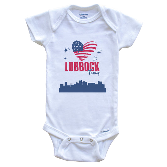 Lubbock Texas Skyline American Flag Heart 4th of July Baby Bodysuit