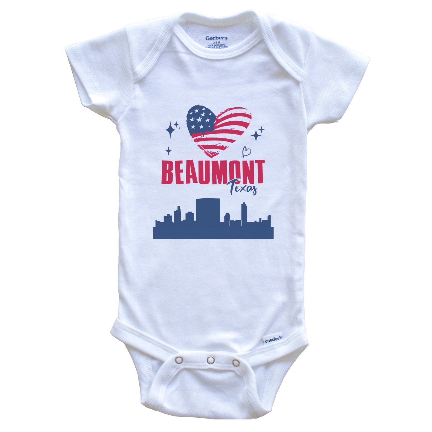 Beaumont Texas Skyline American Flag Heart 4th of July Baby Bodysuit