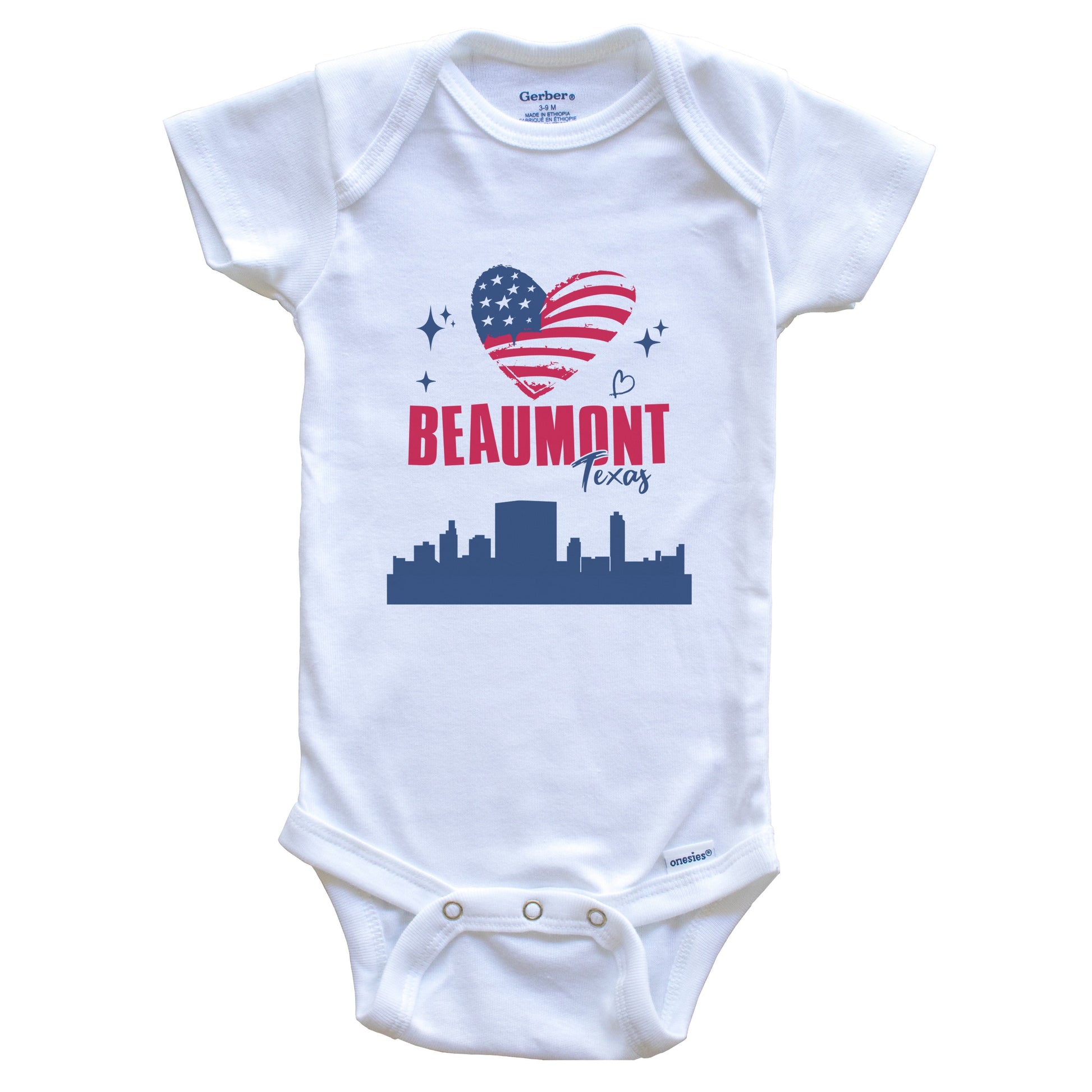 Beaumont Texas Skyline American Flag Heart 4th of July Baby Bodysuit