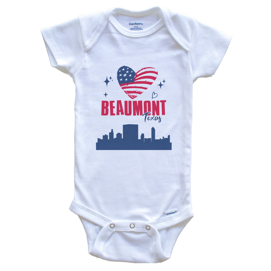Beaumont Texas Skyline American Flag Heart 4th of July Baby Bodysuit