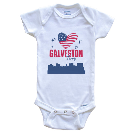 Galveston Texas Skyline American Flag Heart 4th of July Baby Bodysuit