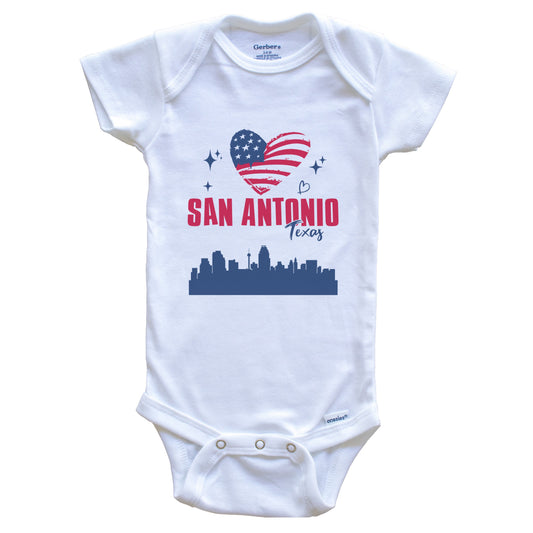 San Antonio Texas Skyline American Flag Heart 4th of July Baby Bodysuit