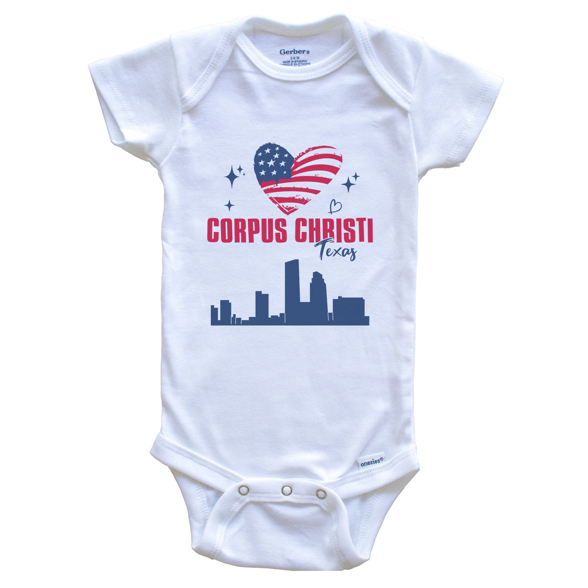 Corpus Christi Texas Skyline American Flag Heart 4th of July Baby Bodysuit