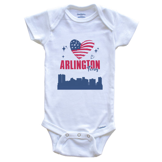 Arlington Texas Skyline American Flag Heart 4th of July Baby Bodysuit