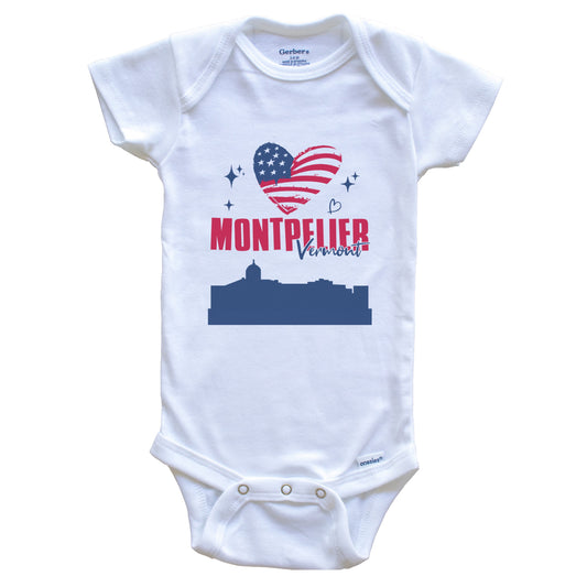 Montpelier Vermont Skyline American Flag Heart 4th of July Baby Bodysuit