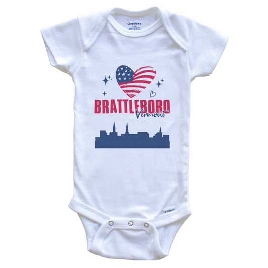 Brattleboro Vermont Skyline American Flag Heart 4th of July Baby Bodysuit