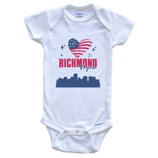 Richmond Virginia Skyline American Flag Heart 4th of July Baby Bodysuit
