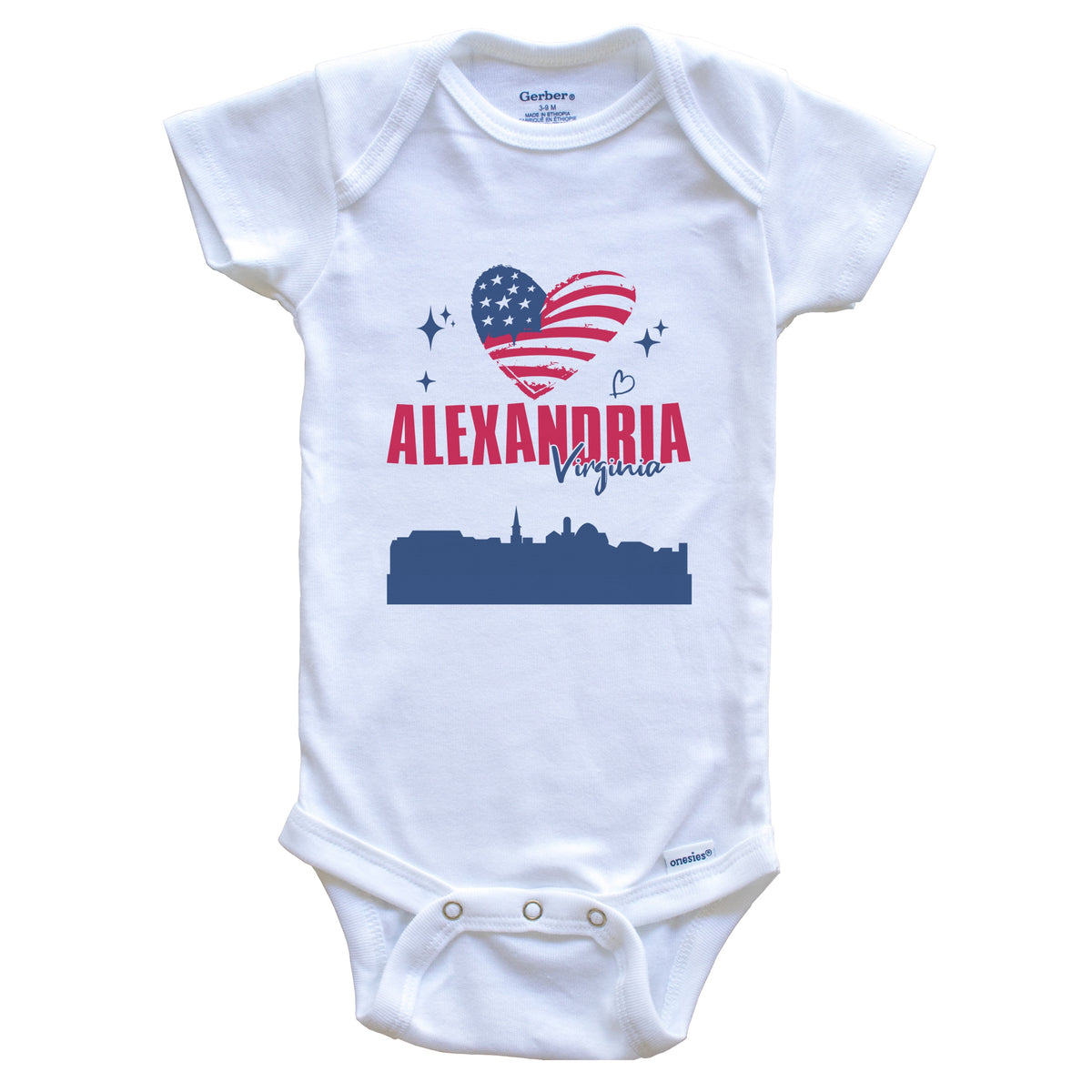 Alexandria Virginia Skyline American Flag Heart 4th of July Baby Bodysuit