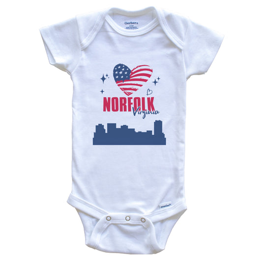 Norfolk Virginia Skyline American Flag Heart 4th of July Baby Bodysuit