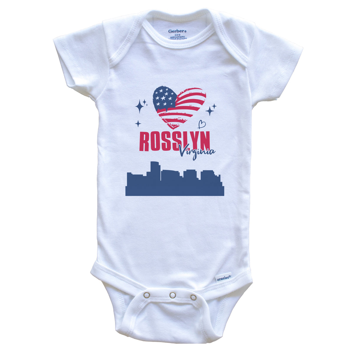 Rosslyn Virginia Skyline American Flag Heart 4th of July Baby Bodysuit