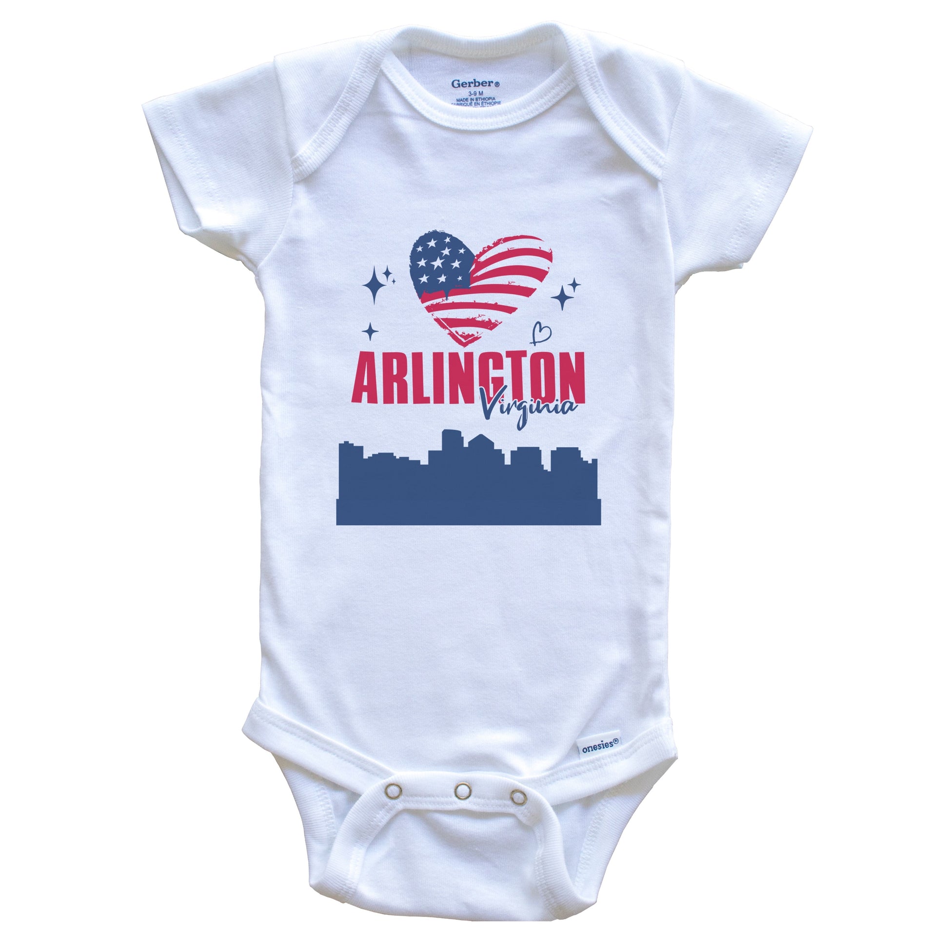 Arlington Virginia Skyline American Flag Heart 4th of July Baby Bodysuit