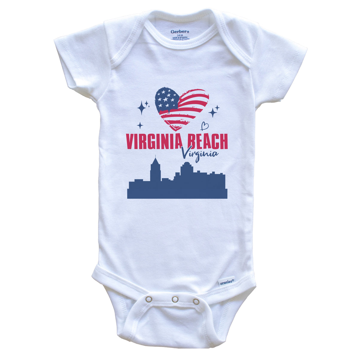 Virginia Beach Virginia Skyline American Flag Heart 4th of July Baby Bodysuit