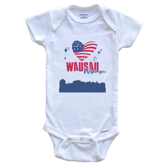 Wausau Wisconsin Skyline American Flag Heart 4th of July Baby Bodysuit