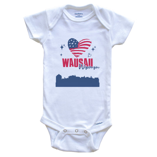 Wausau Wisconsin Skyline American Flag Heart 4th of July Baby Bodysuit