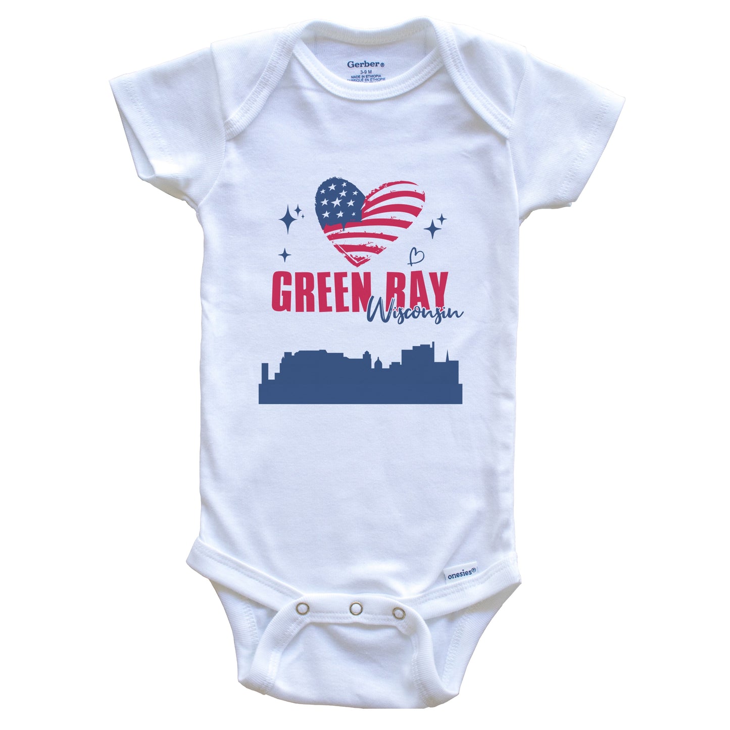Green Bay Wisconsin Skyline American Flag Heart 4th of July Baby Bodysuit