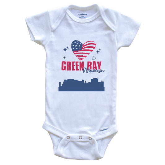 Green Bay Wisconsin Skyline American Flag Heart 4th of July Baby Bodysuit