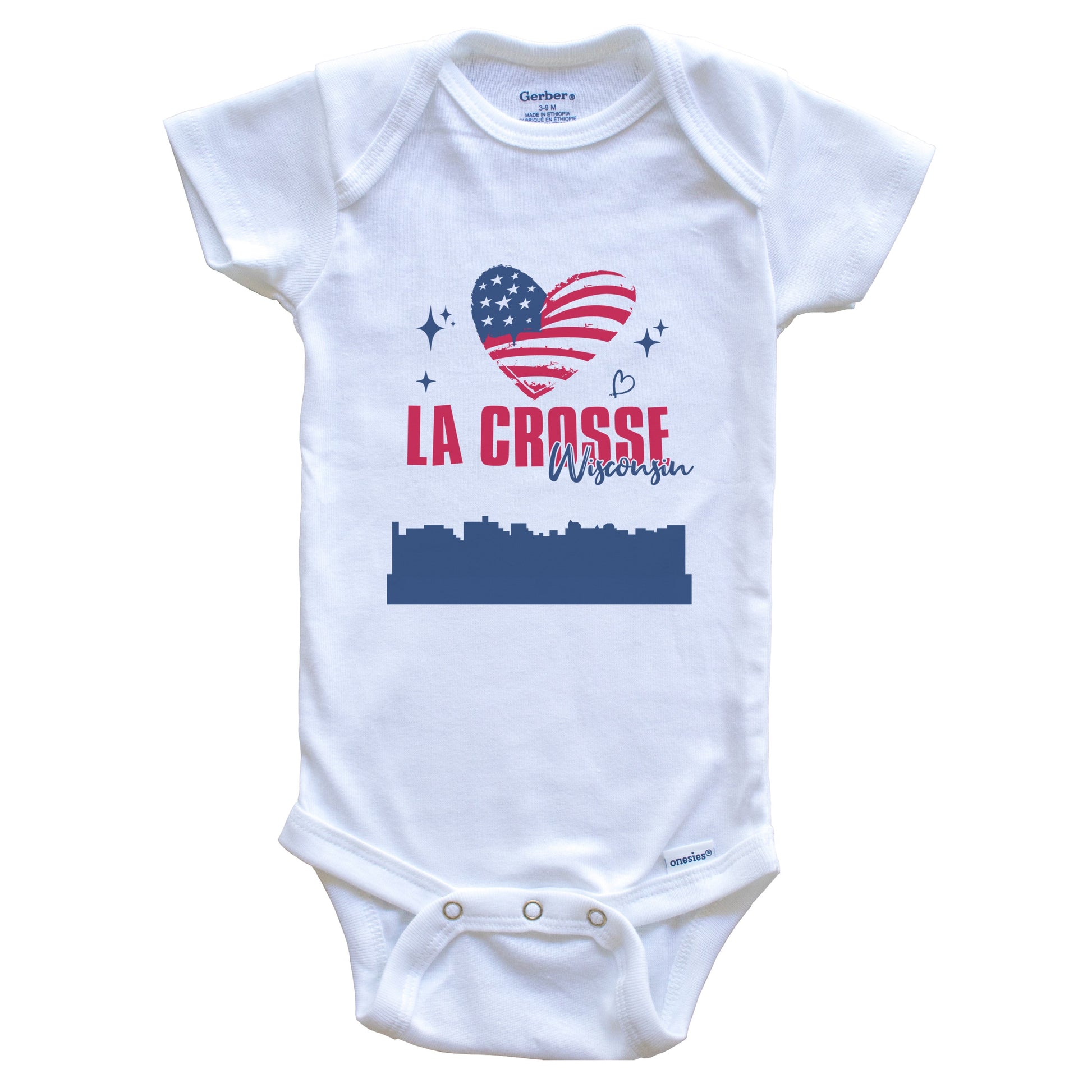 La Crosse Wisconsin Skyline American Flag Heart 4th of July Baby Bodysuit