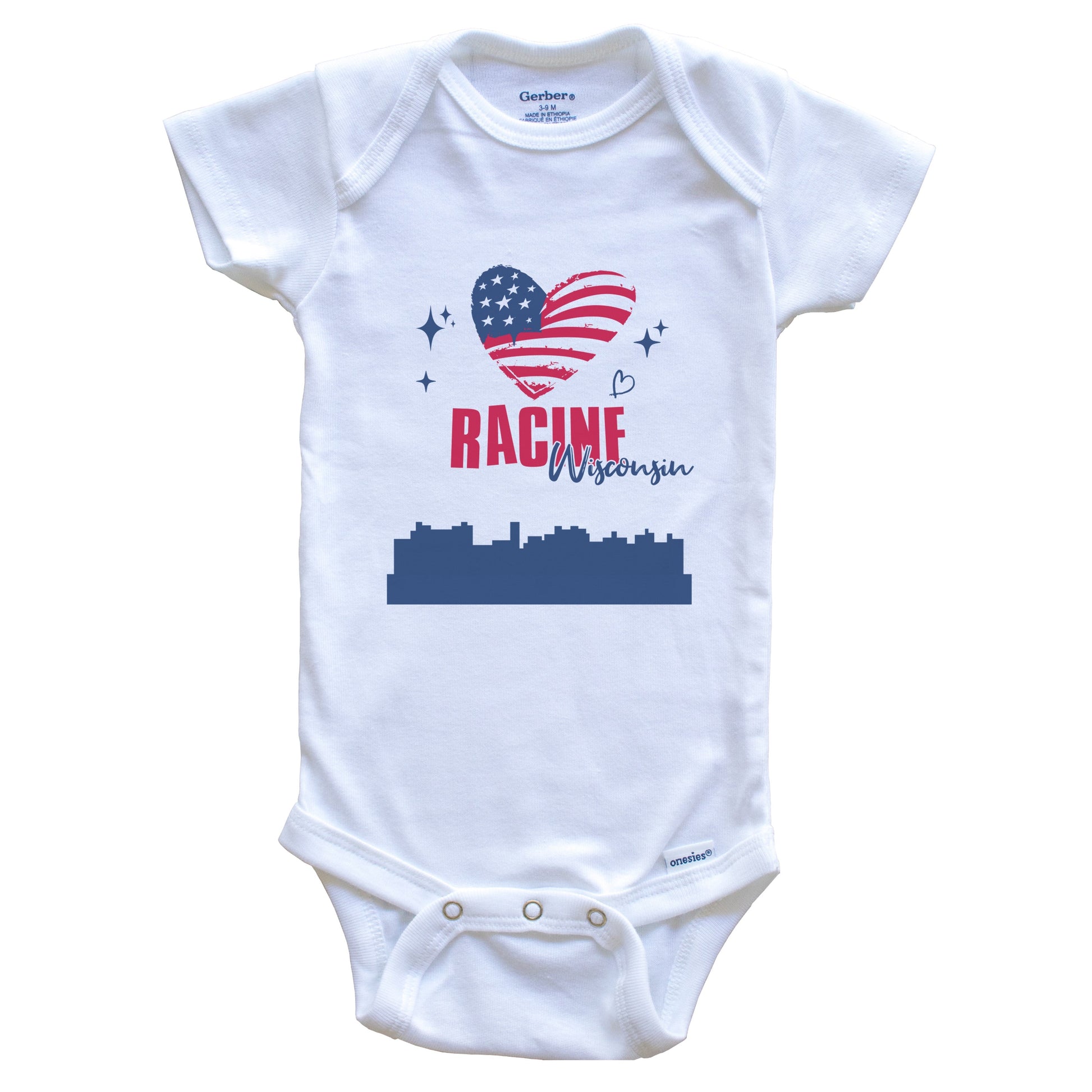 Racine Wisconsin Skyline American Flag Heart 4th of July Baby Bodysuit