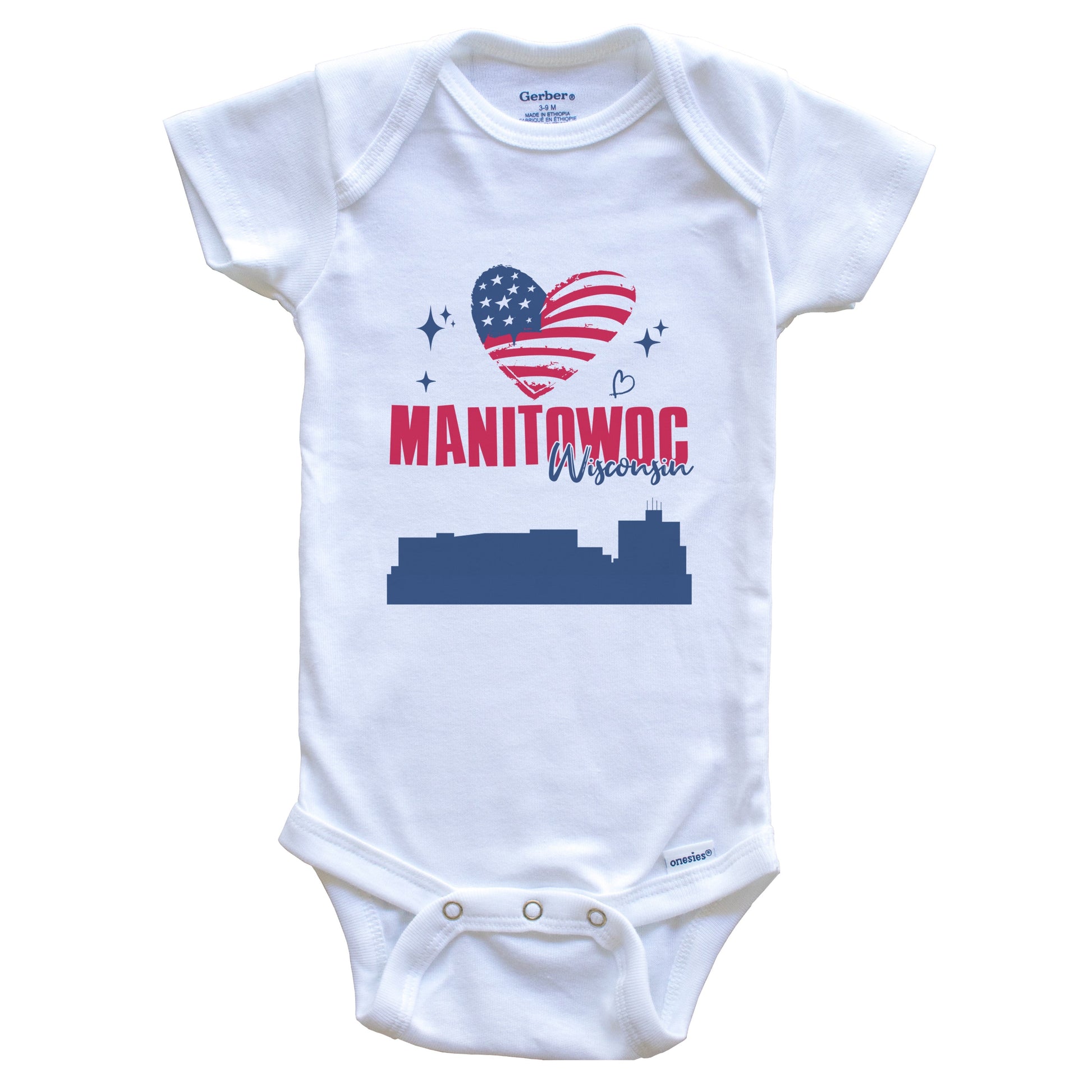 Manitowoc Wisconsin Skyline American Flag Heart 4th of July Baby Bodysuit