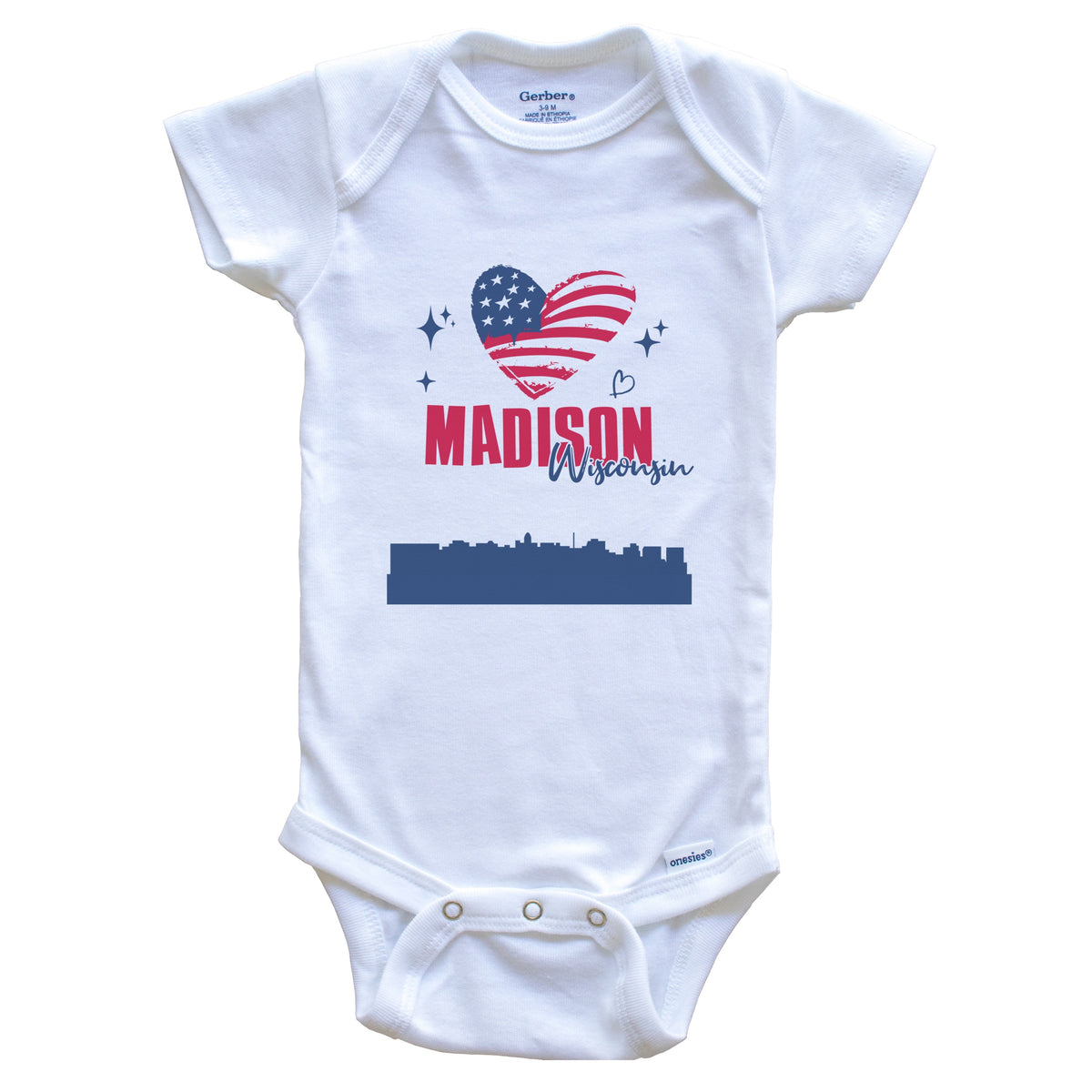 Madison Wisconsin Skyline American Flag Heart 4th of July Baby Bodysuit