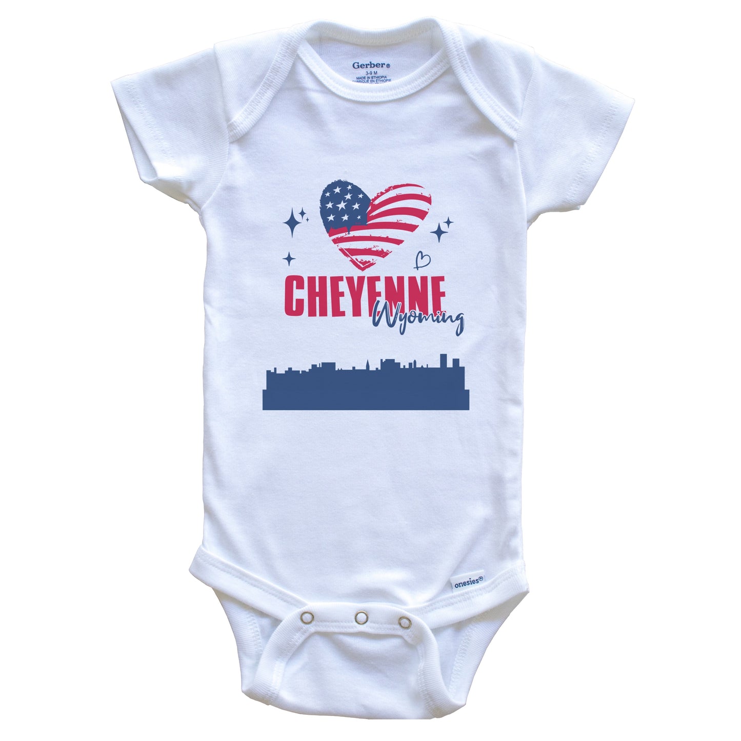 Cheyenne Wyoming Skyline American Flag Heart 4th of July Baby Bodysuit
