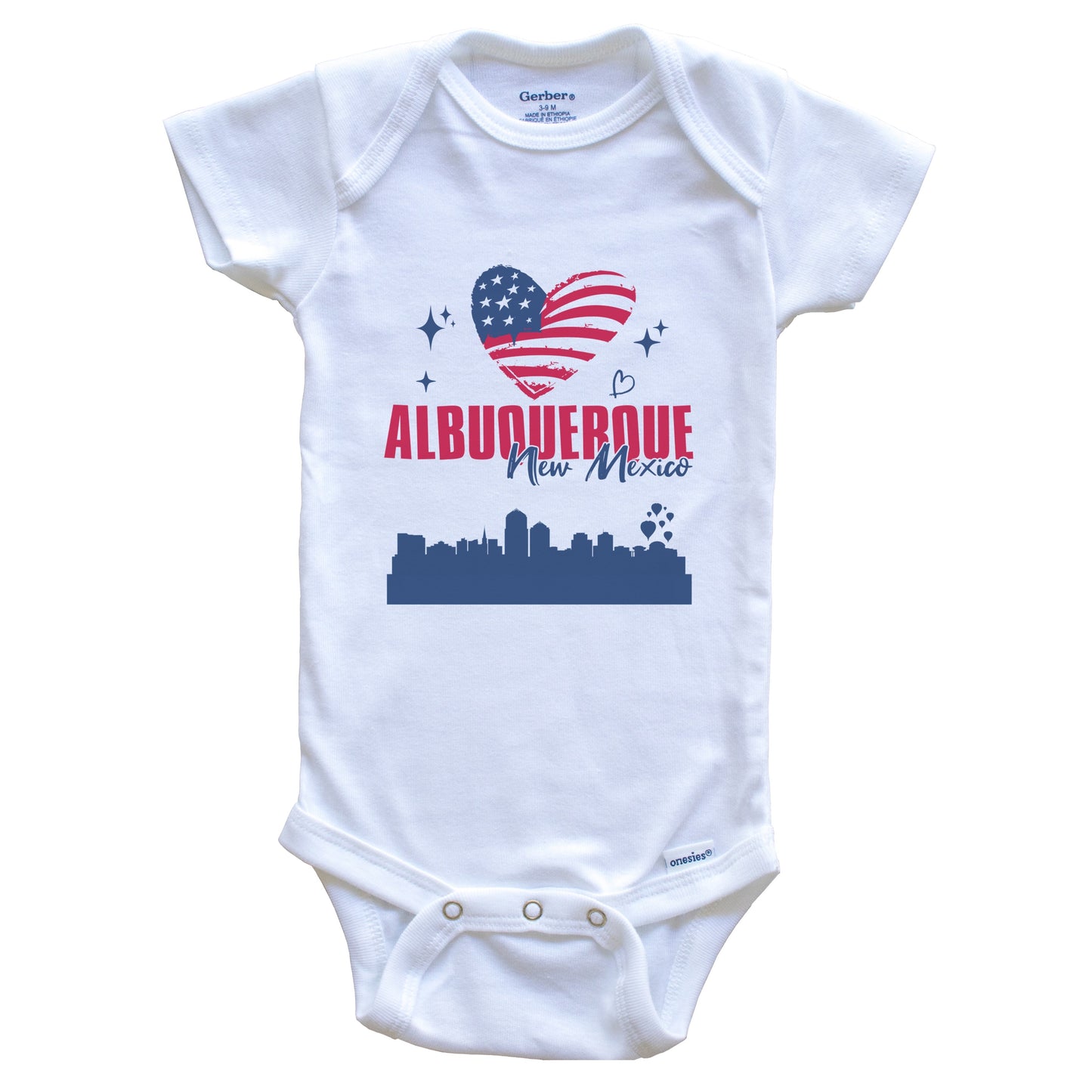 Albuquerque New Mexico Skyline American Flag Heart 4th of July Baby Bodysuit