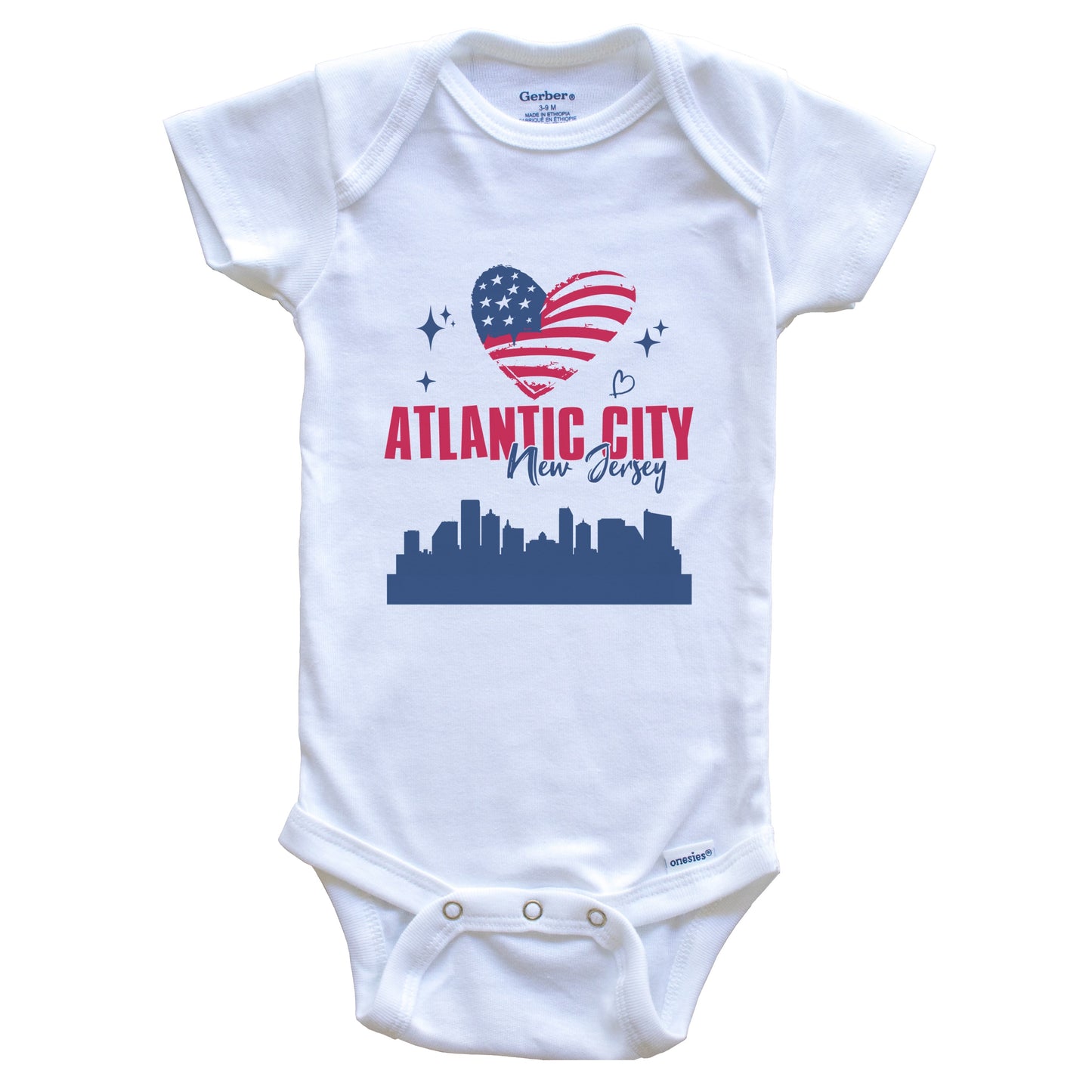 Atlantic City New Jersey Skyline American Flag Heart 4th of July Baby Bodysuit