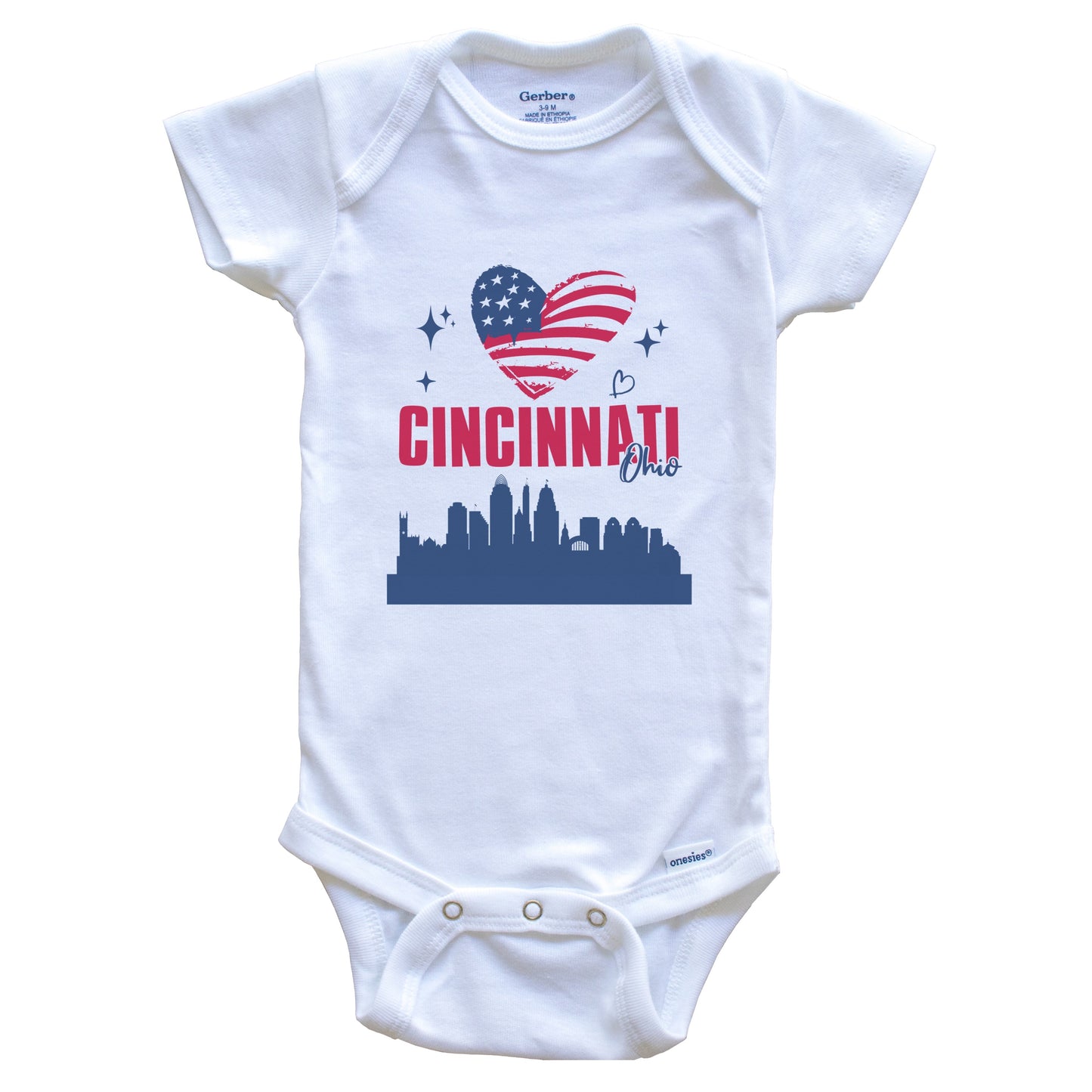 Cincinnati Ohio Skyline American Flag Heart 4th of July Baby Bodysuit