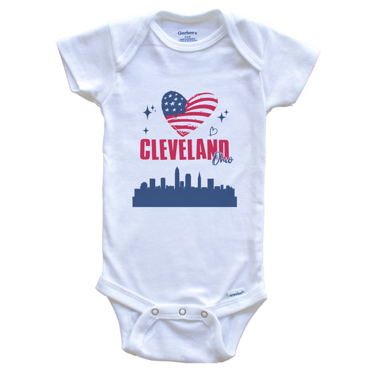 Cleveland Ohio Skyline American Flag Heart 4th of July Baby Bodysuit