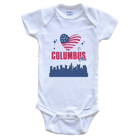 Columbus Ohio Skyline American Flag Heart 4th of July Baby Bodysuit
