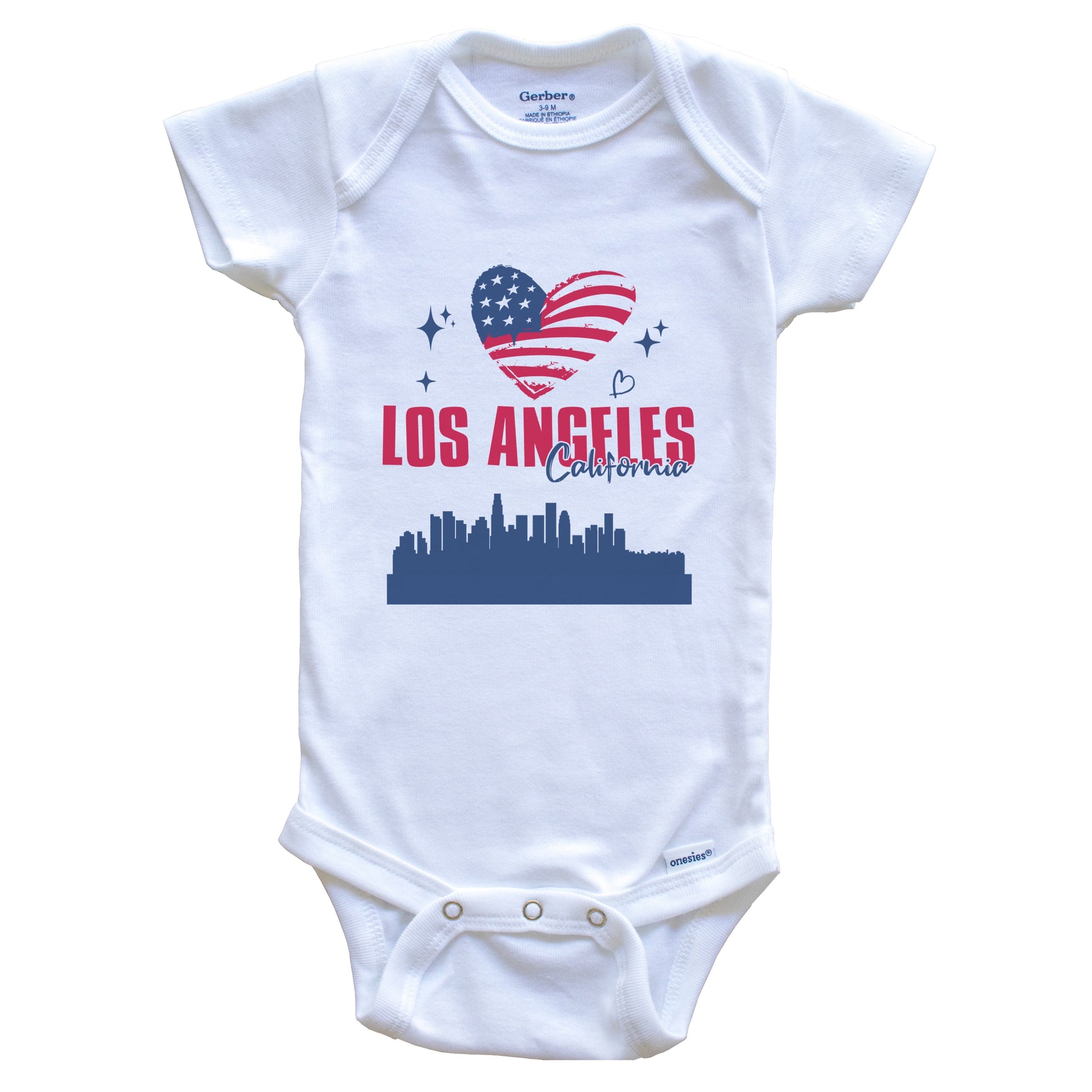 Los Angeles California Skyline American Flag Heart 4th of July Baby Bodysuit