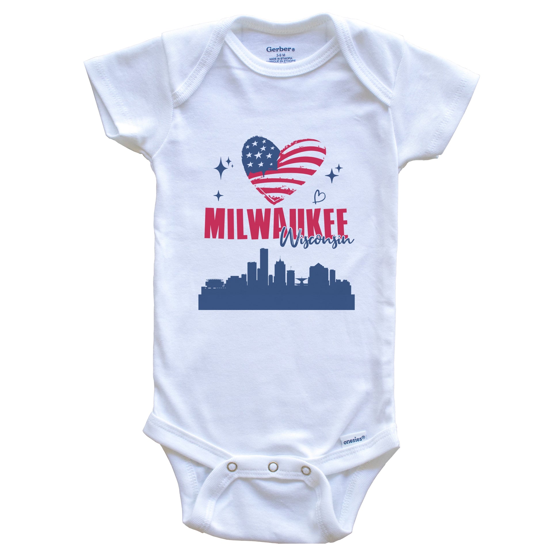 Milwaukee Wisconsin Skyline American Flag Heart 4th of July Baby Bodysuit