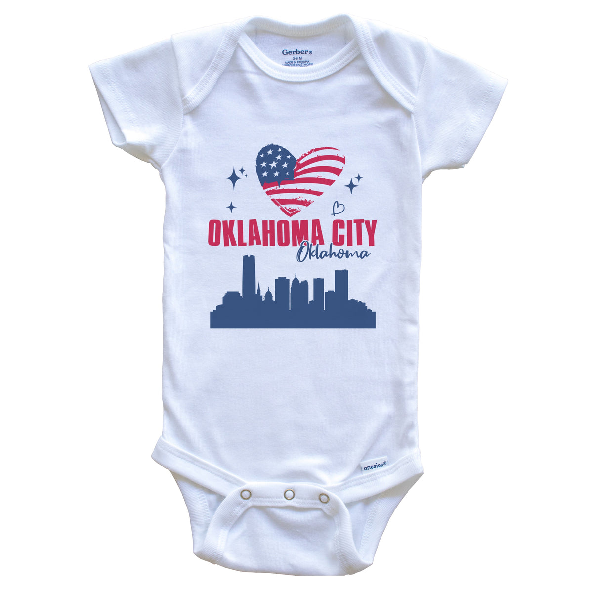 Oklahoma City Oklahoma Skyline American Flag Heart 4th of July Baby Bodysuit