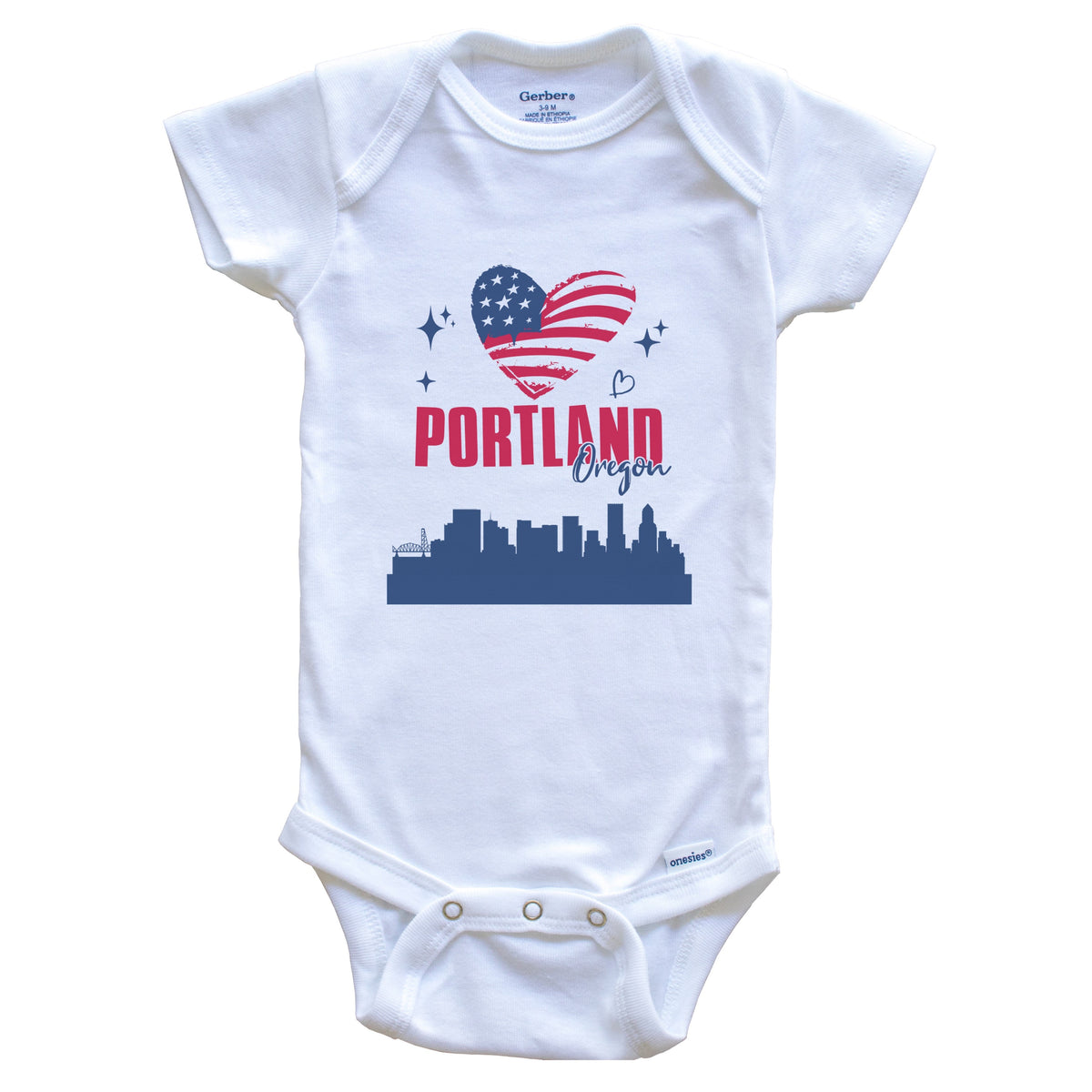 Portland Oregon Skyline American Flag Heart 4th of July Baby Bodysuit