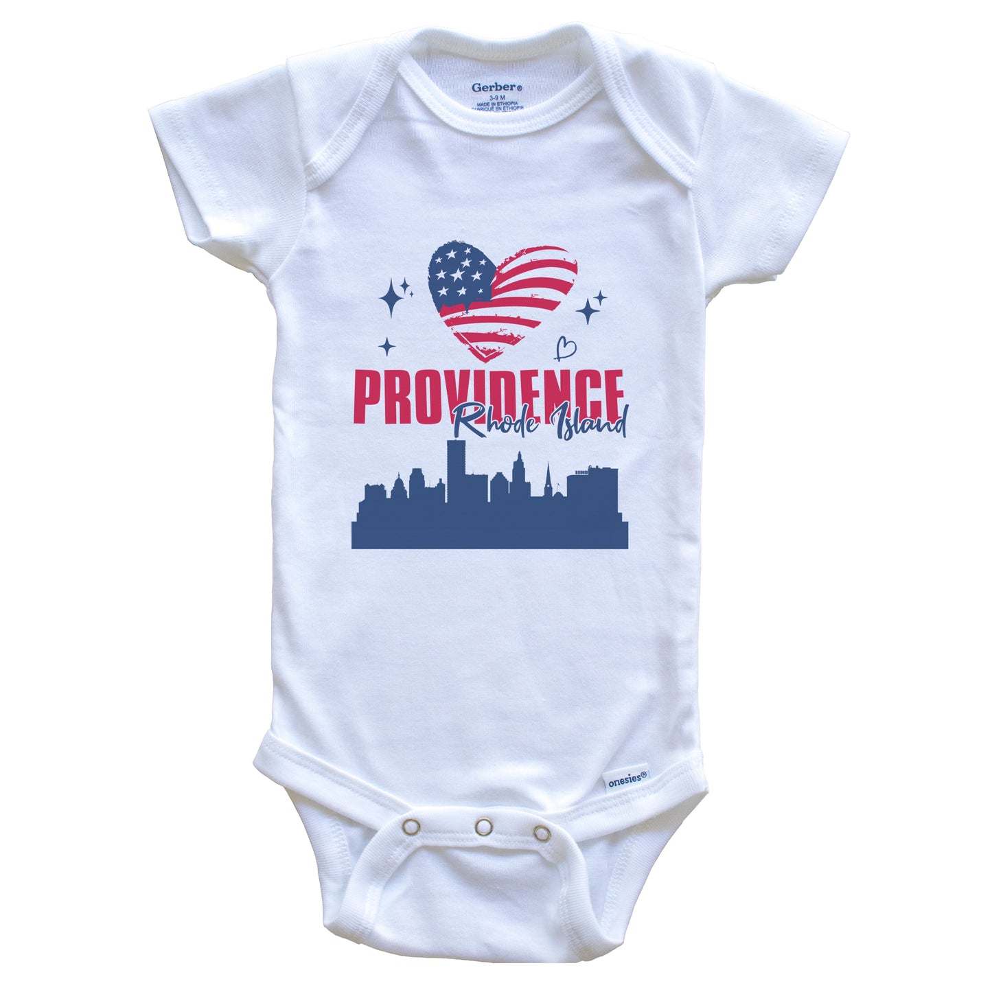 Providence Rhode Island Skyline American Flag Heart 4th of July Baby Bodysuit