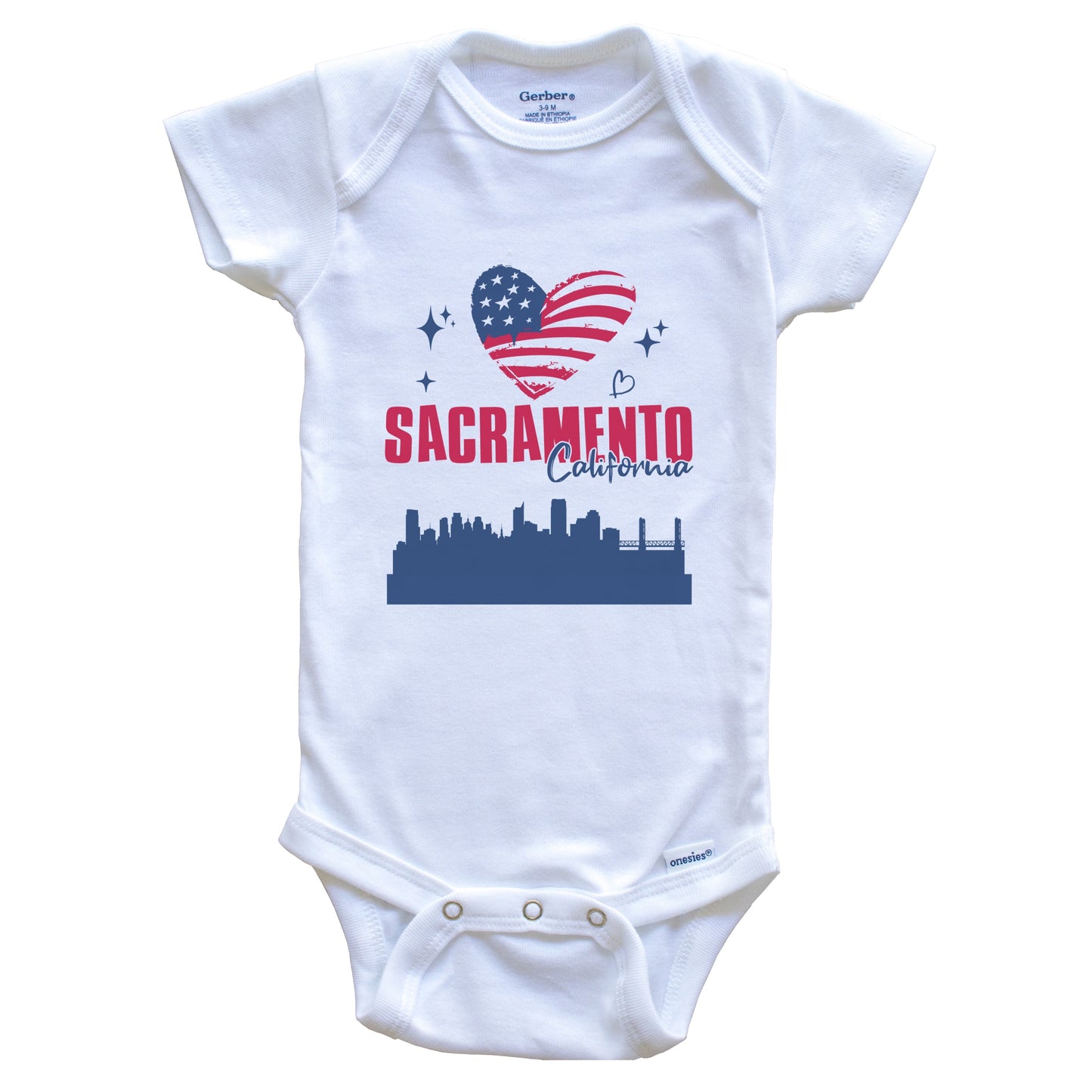 Sacramento California Skyline American Flag Heart 4th of July Baby Bodysuit