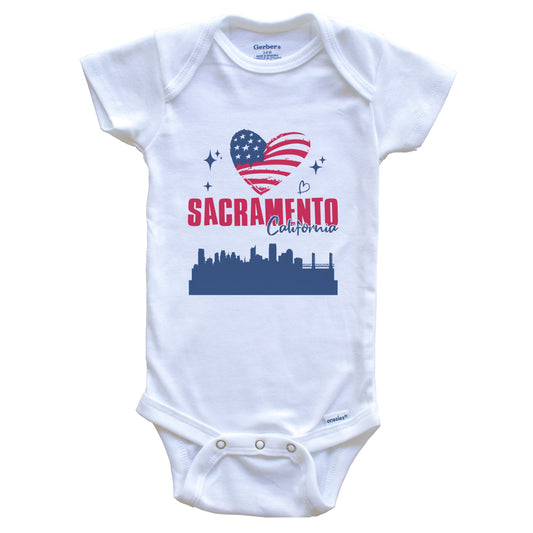 Sacramento California Skyline American Flag Heart 4th of July Baby Bodysuit