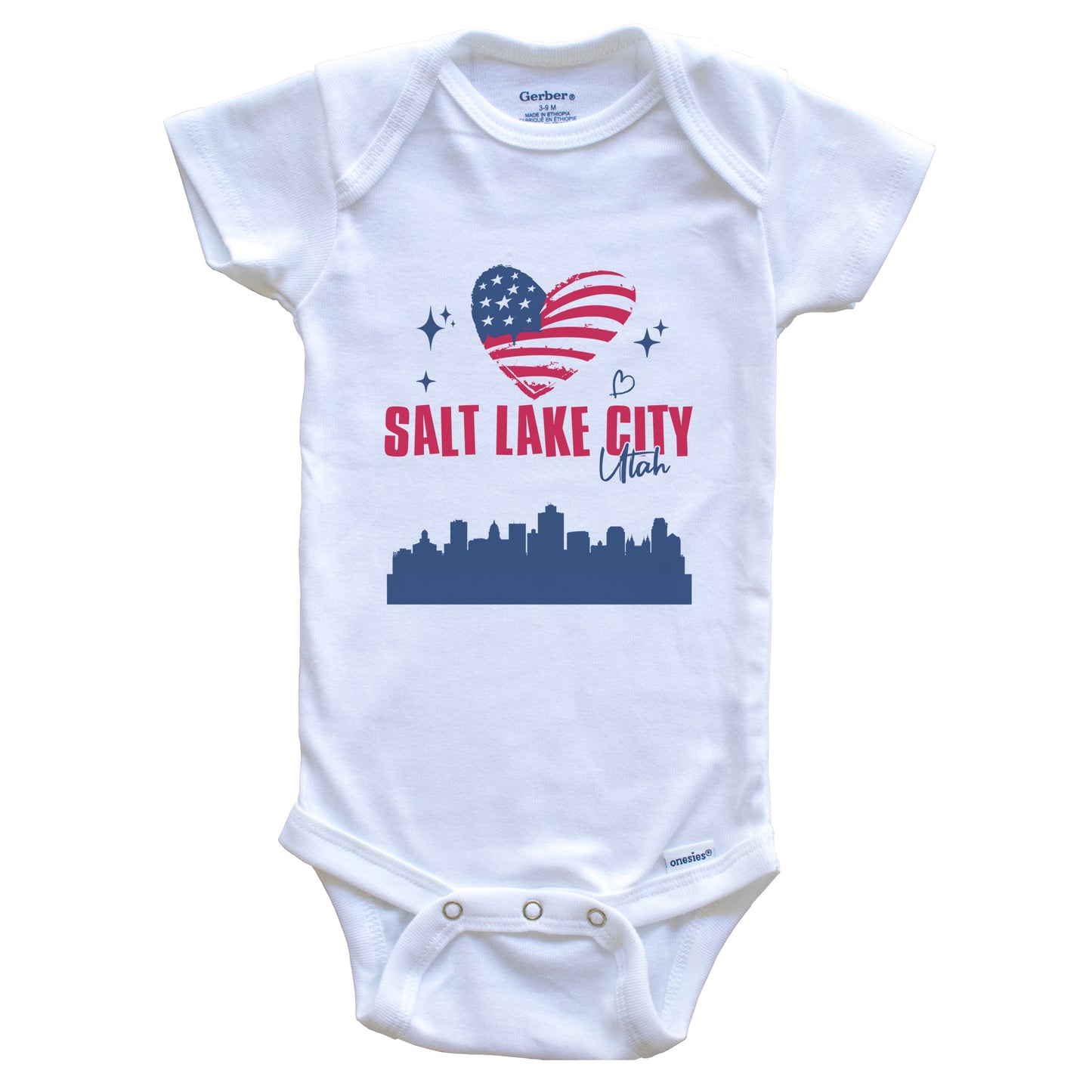 Salt Lake City Utah Skyline American Flag Heart 4th of July Baby Bodysuit