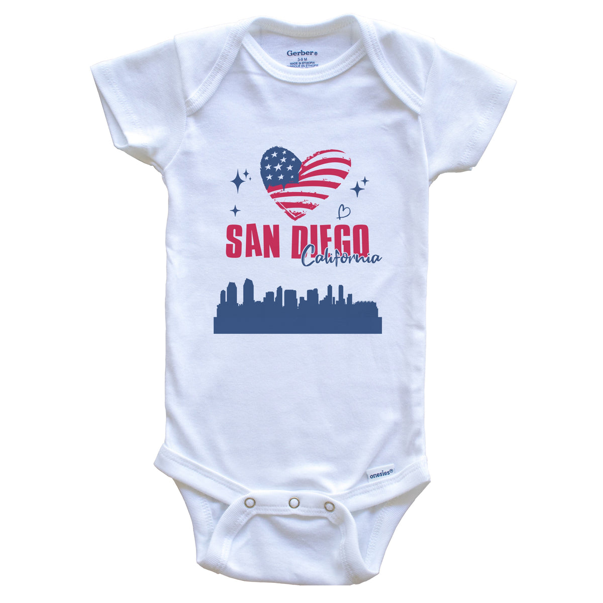 San Diego California Skyline American Flag Heart 4th of July Baby Bodysuit