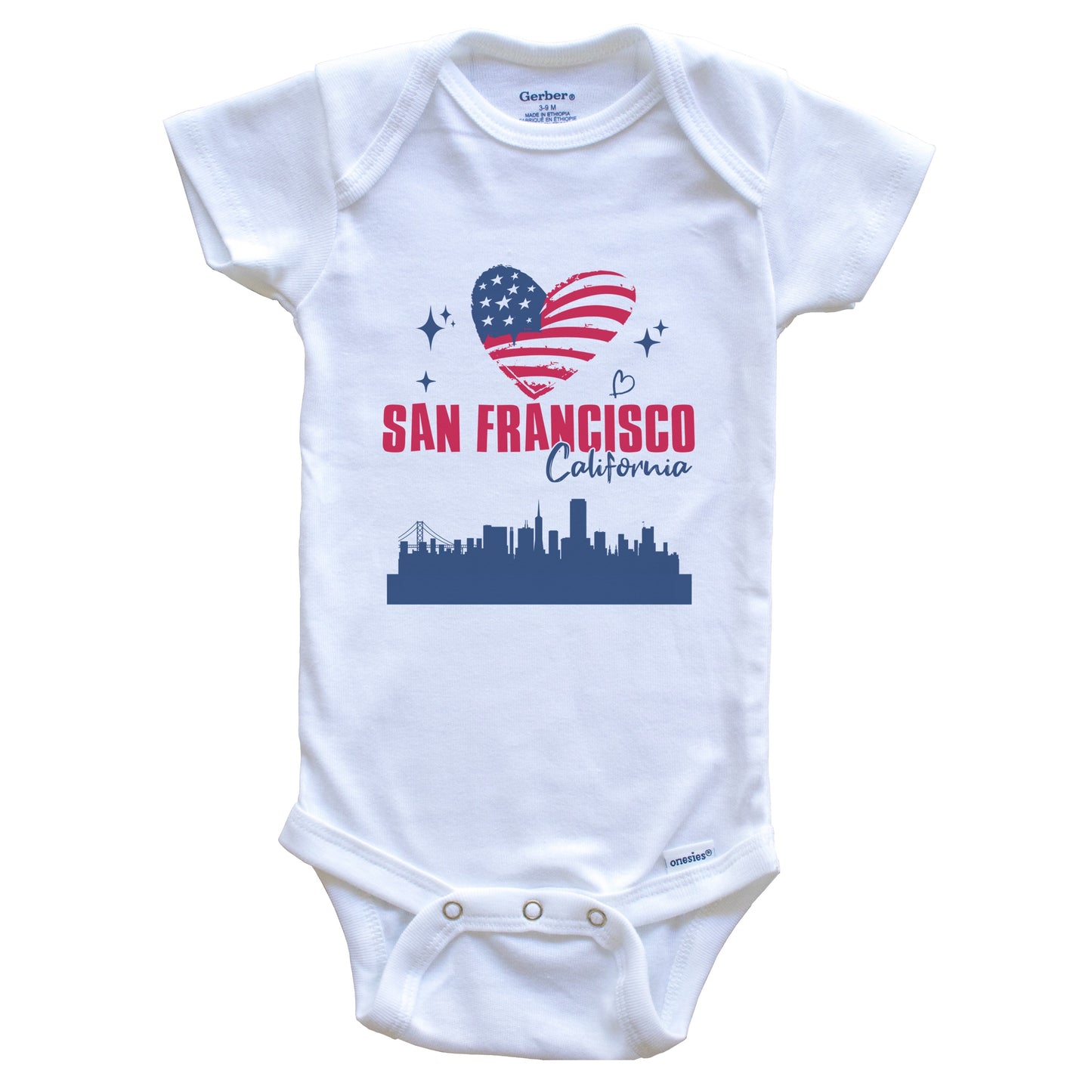 San Francisco California Skyline American Flag Heart 4th of July Baby Bodysuit
