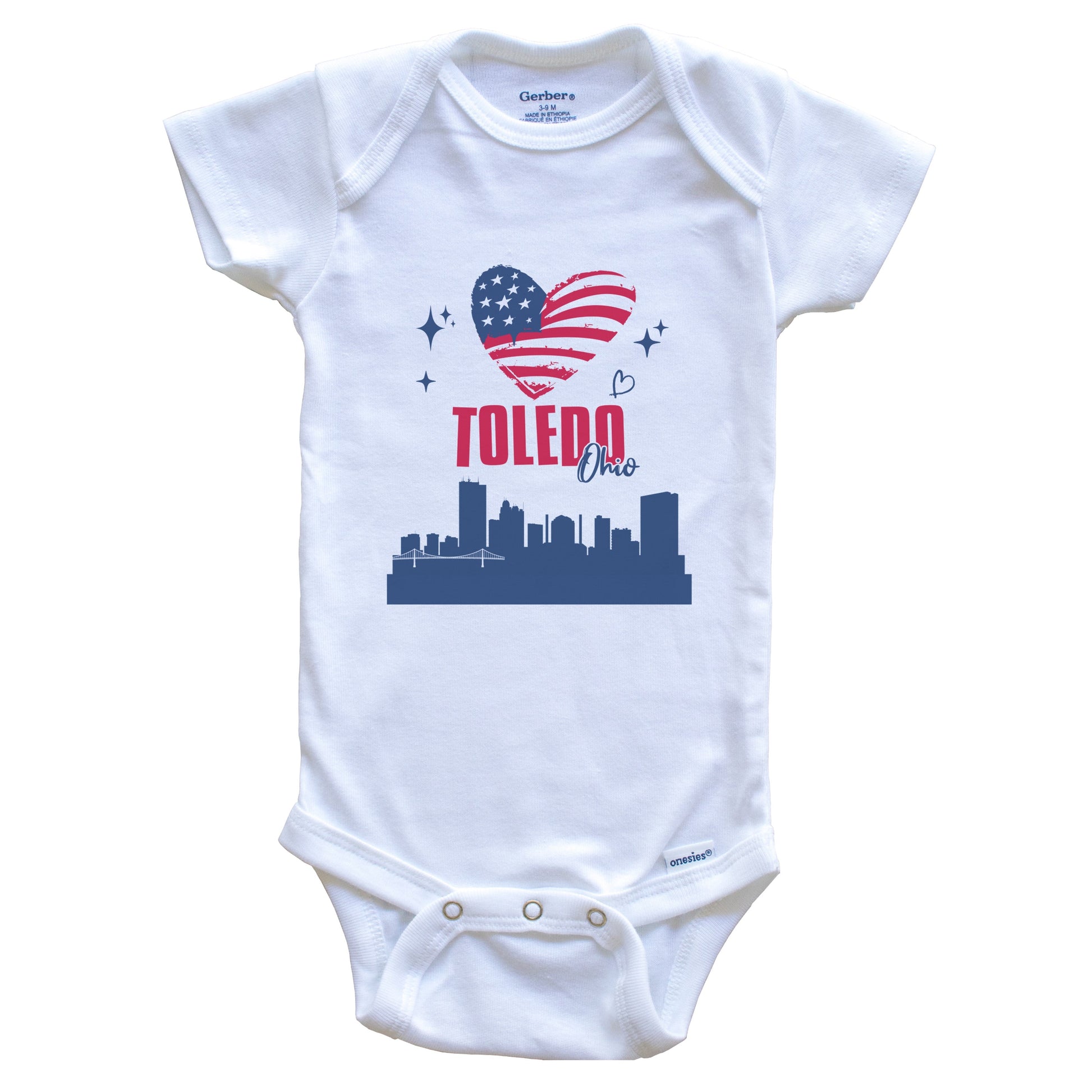 Toledo Ohio Skyline American Flag Heart 4th of July Baby Bodysuit
