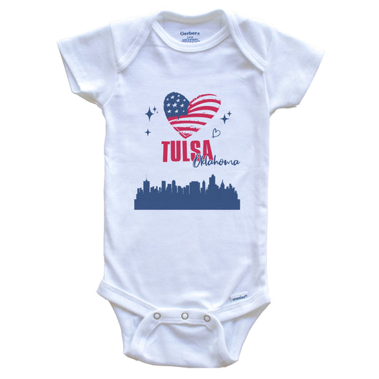Tulsa Oklahoma Skyline American Flag Heart 4th of July Baby Bodysuit