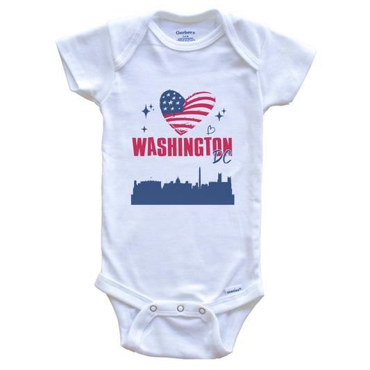 Washington DC Skyline American Flag Heart 4th of July Baby Bodysuit
