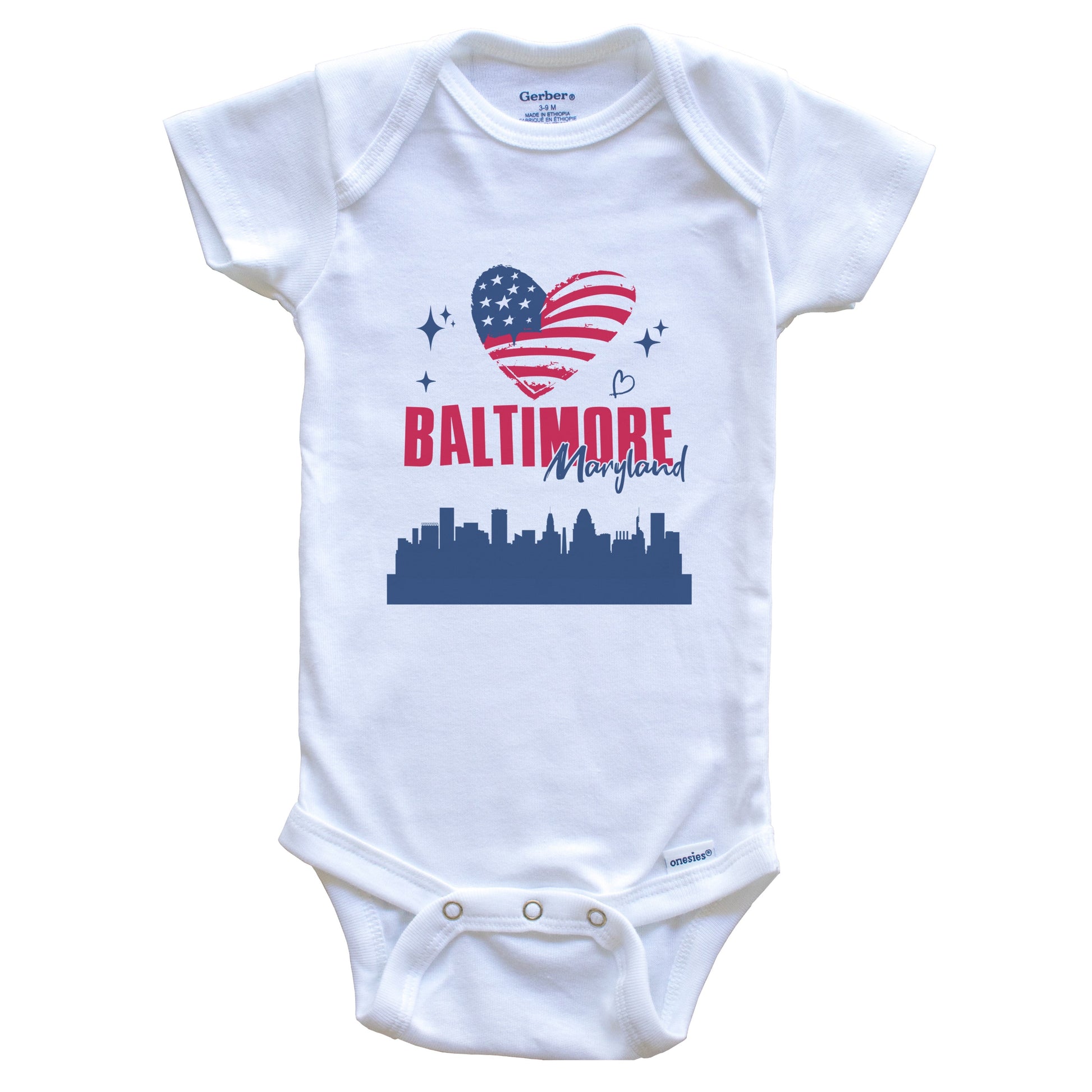 Baltimore Maryland Skyline American Flag Heart 4th of July Baby Bodysuit