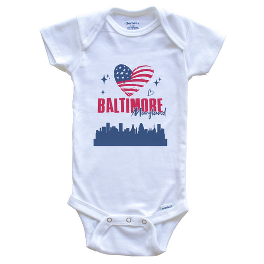 Baltimore Maryland Skyline American Flag Heart 4th of July Baby Bodysuit