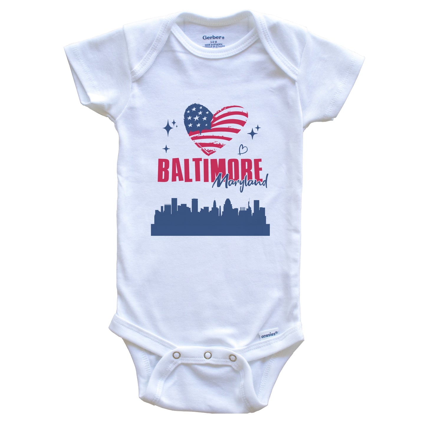 Baltimore Maryland Skyline American Flag Heart 4th of July Baby Bodysuit